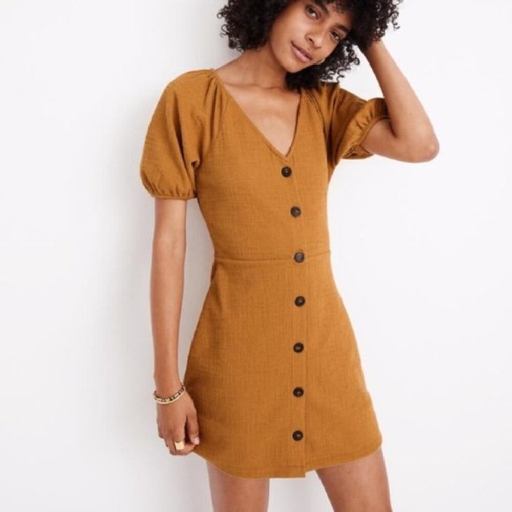 Madewell Texture & Thread Mustard Button Front Mini Dress Puff Sleeve Size Small
